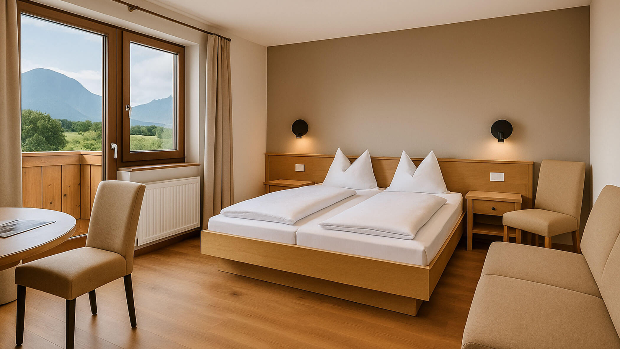 Modernes Hotelzimmer mit Doppelbett, Stühlen, Holzmöbeln und Bergblick durch große Fenster. - Hotel B&B MyLiving