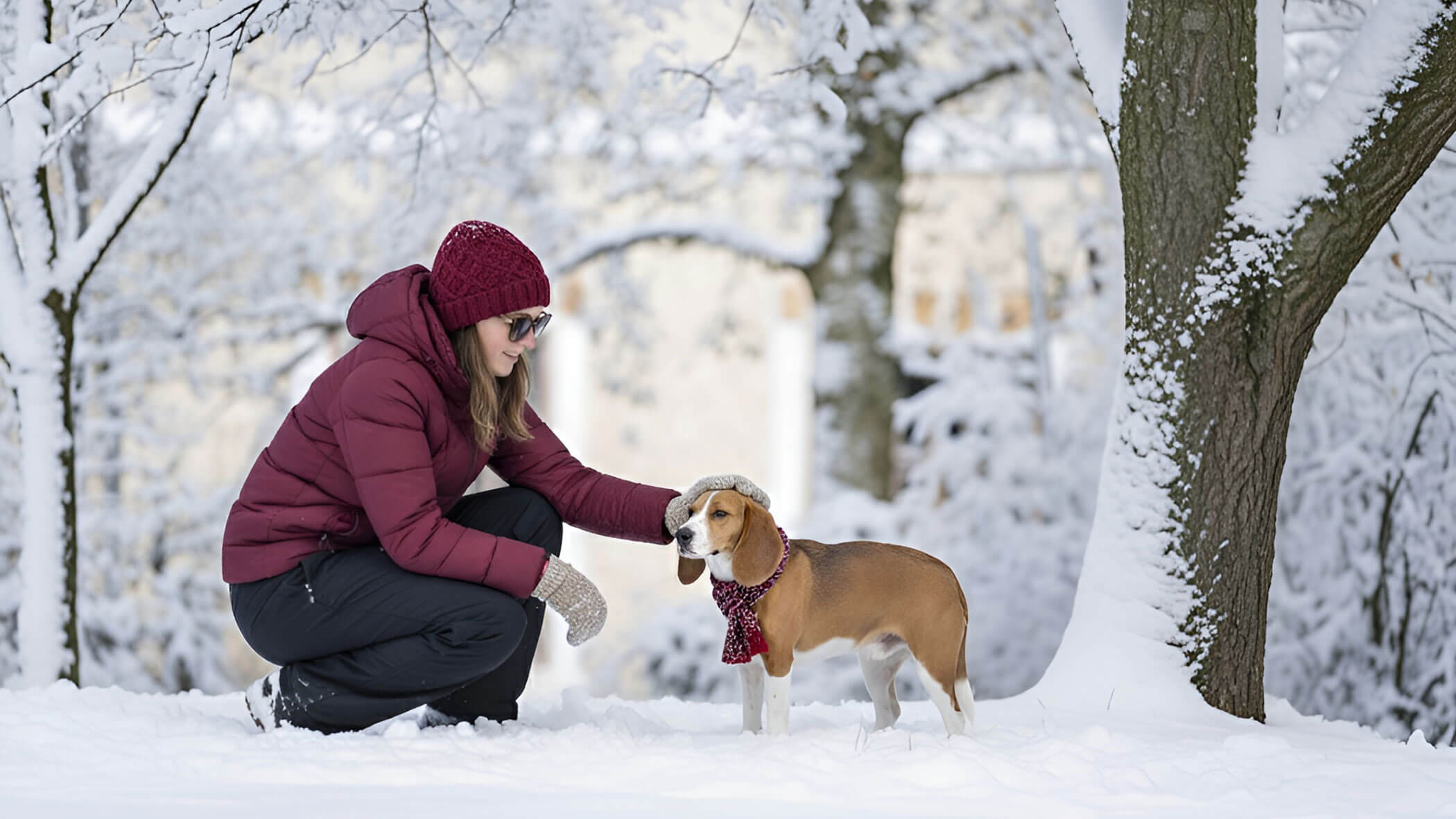 Eine Frau in Winterkleidung streichelt einen Beagle, der einen Schal trägt, in einer verschneiten, baumbestandenen Landschaft. - Hotel B&B MyLiving