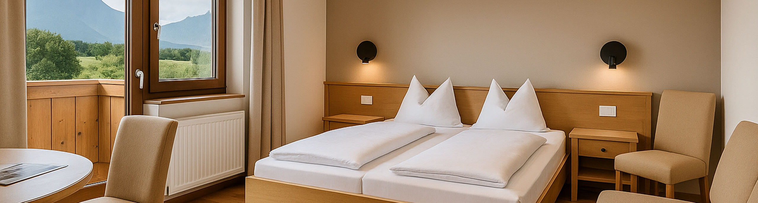 Minimalistisches Hotelzimmer mit Doppelbett, Stühlen, Holzmöbeln und einem Fenster mit Blick ins Freie. - Hotel B&B MyLiving