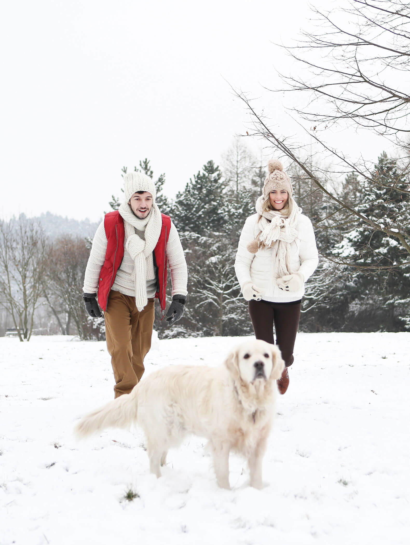 Ein lächelndes Paar in Winterkleidung spielt mit einem Golden Retriever in einem verschneiten Park. - Hotel B&B MyLiving