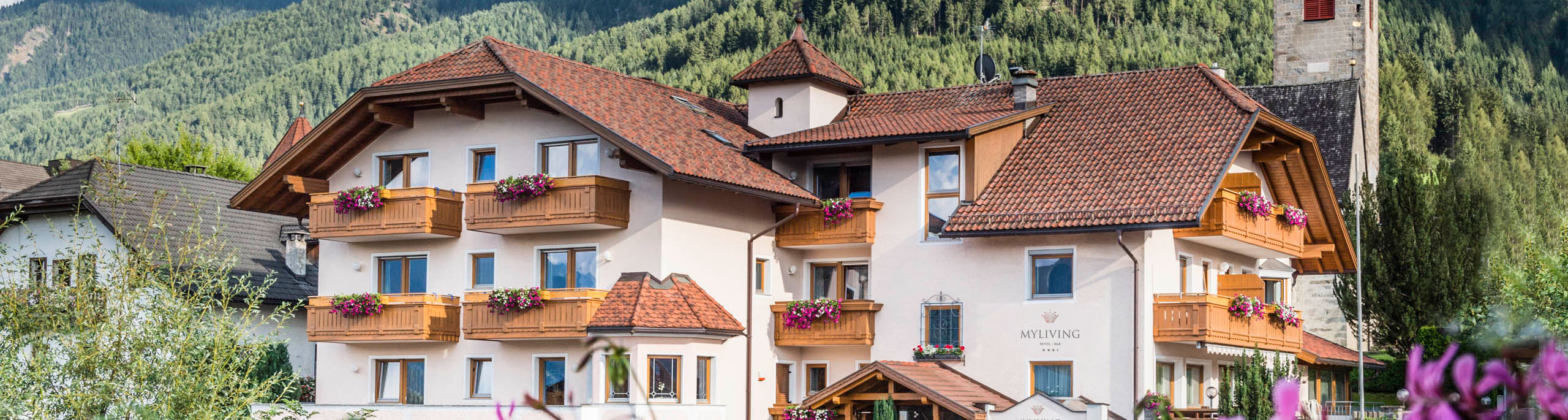 Haus im alpinen Stil mit Balkonen und Blumenkästen, eingebettet in eine grüne Berglandschaft. - Hotel B&B MyLiving