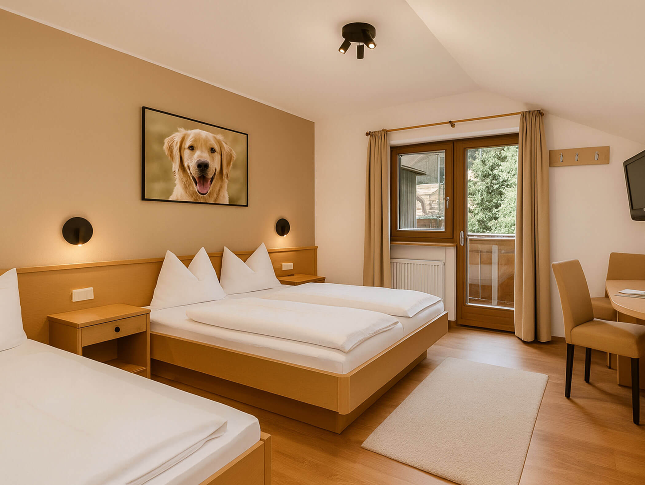 Modernes Hotelzimmer mit zwei Betten, einem Balkon und einem großen gerahmten Foto eines lächelnden Golden Retrievers an der Wand. - Hotel B&B MyLiving