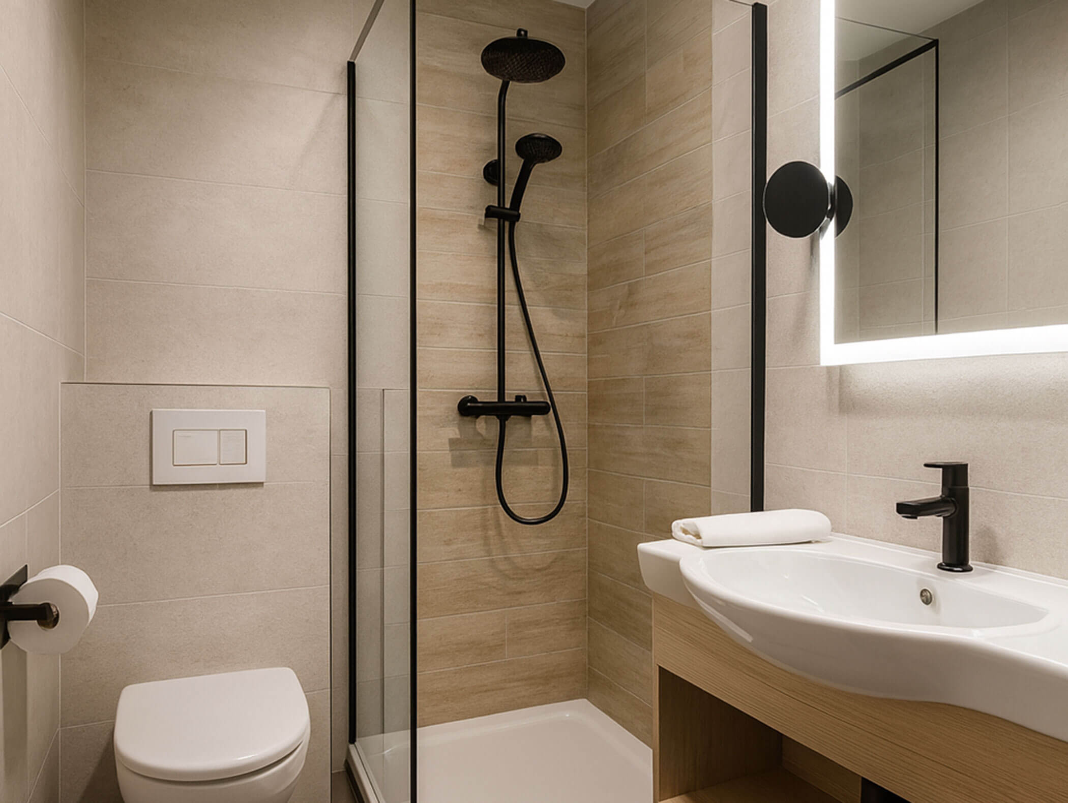 Modernes Badezimmer mit Glasdusche, schwarzen Armaturen, Wandspiegel, Waschbecken und Toilette in neutralen Tönen. - Hotel B&B MyLiving