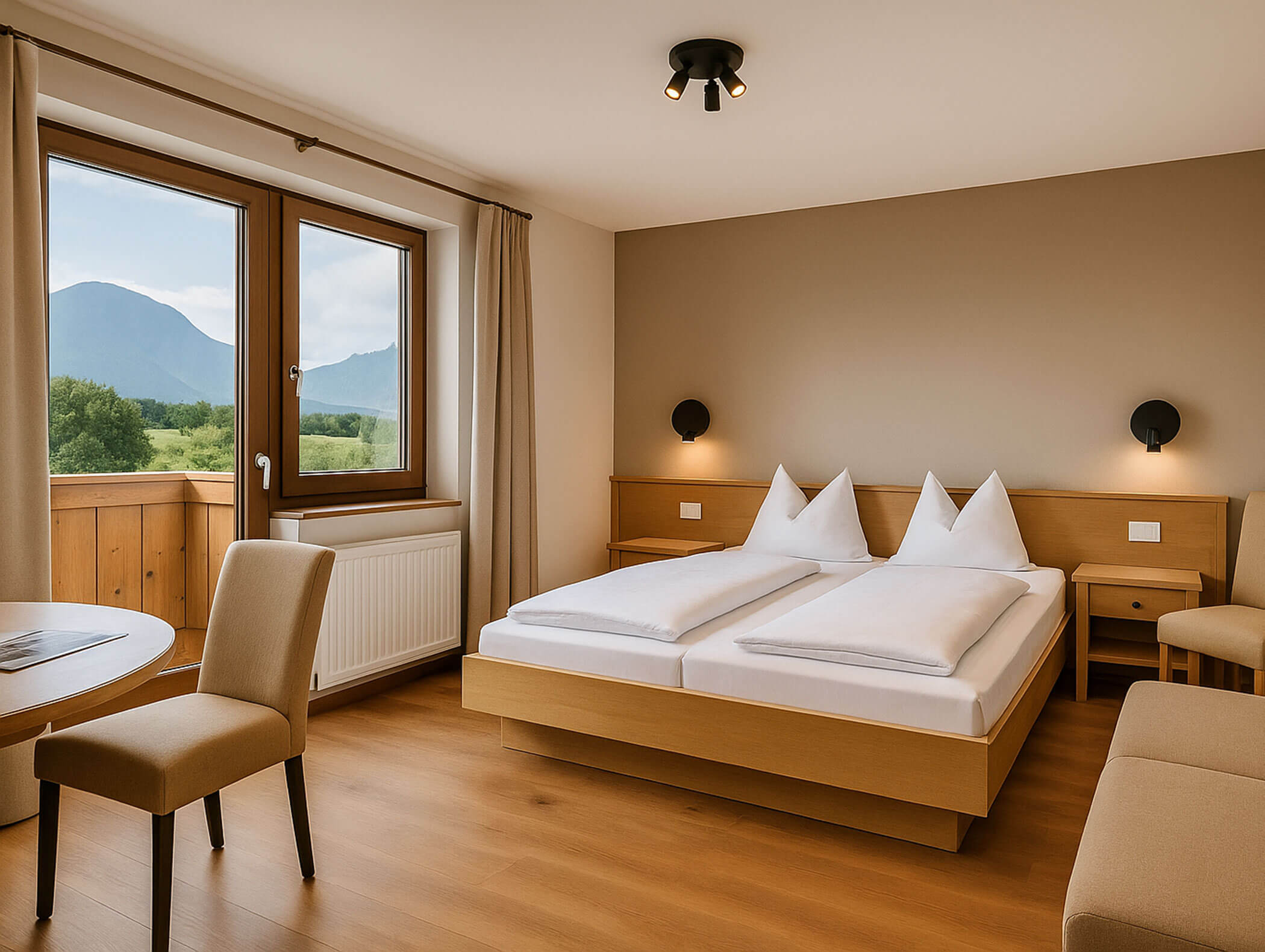 Helles Hotelzimmer mit Doppelbett, Stühlen und großen Fenstern mit Blick auf die Berge. - Hotel B&B MyLiving