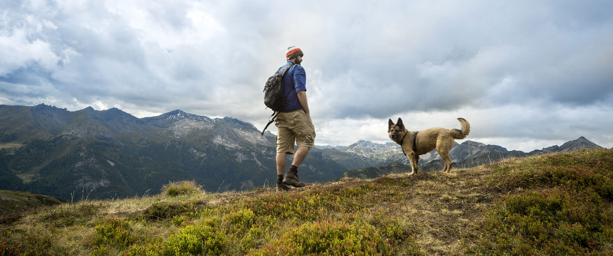 Ein Mann wandert mit einem Hund auf einem grasbewachsenen Hügel mit Bergen und bewölktem Himmel im Hintergrund. - Hotel B&B MyLiving