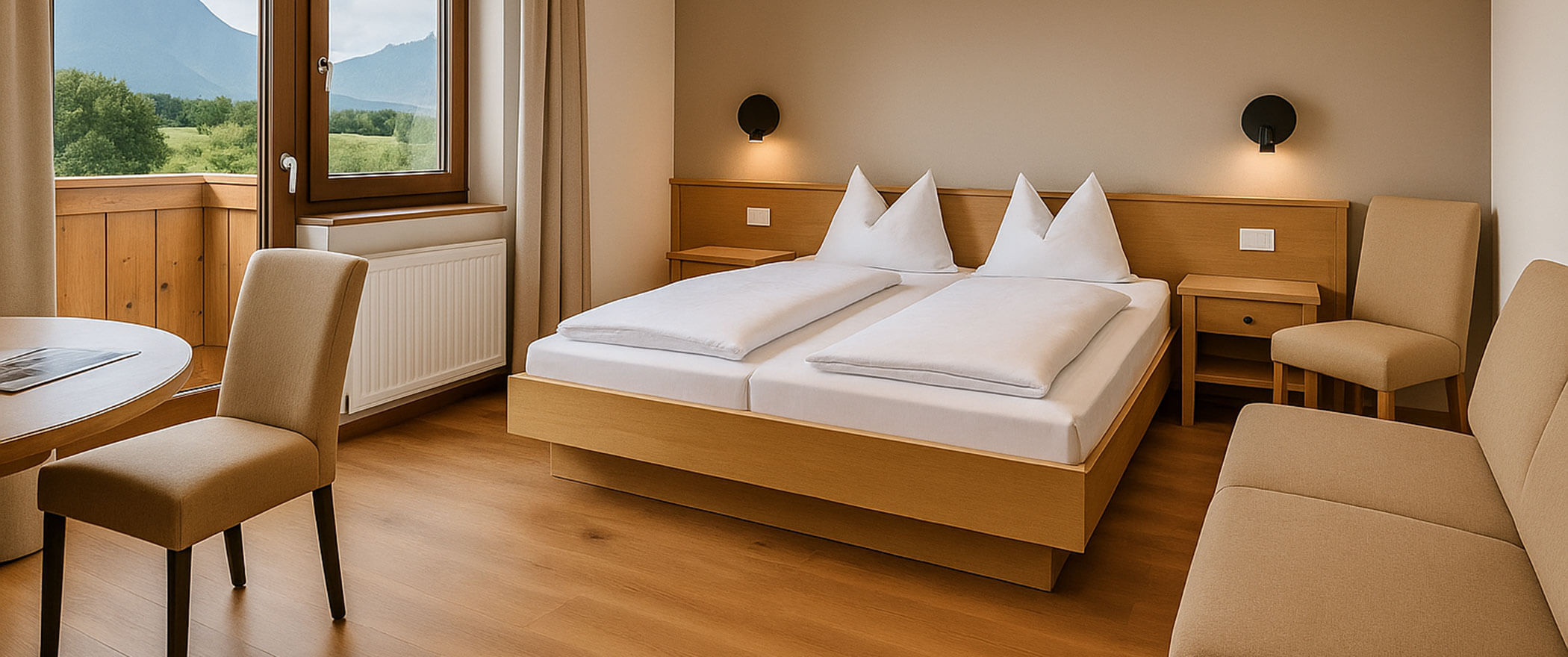 Minimalistisches Hotelzimmer mit Doppelbett, hellen Holzmöbeln, beigen Stühlen und einem Fenster mit Panoramablick. - Hotel B&B MyLiving